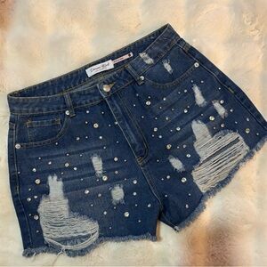Denim&Co Dark Blue Embellished Jean Shorts